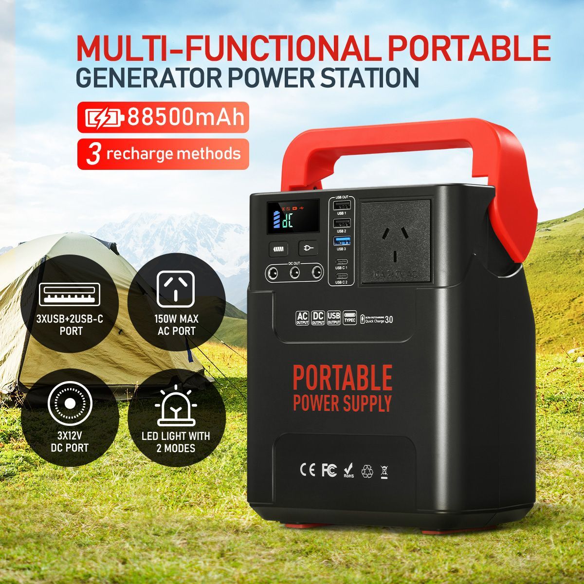 Portable 88500mAh 328WH Power Station 150W Solar Generator Battery Backup