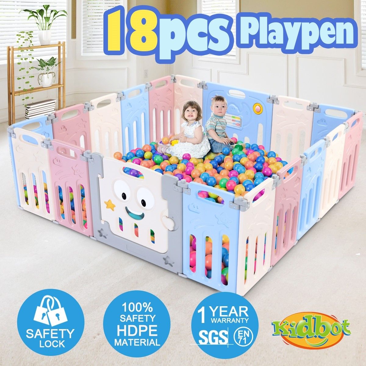 Baby Playpen Enclosure Barrier Fence Play Room Yard Safety Gate Toddler Activity Centre Elephant Design 18 Panels