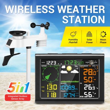Maxkon Solar Powered Wireless Weather Station Rain Gauge Temperature Humidity Wind