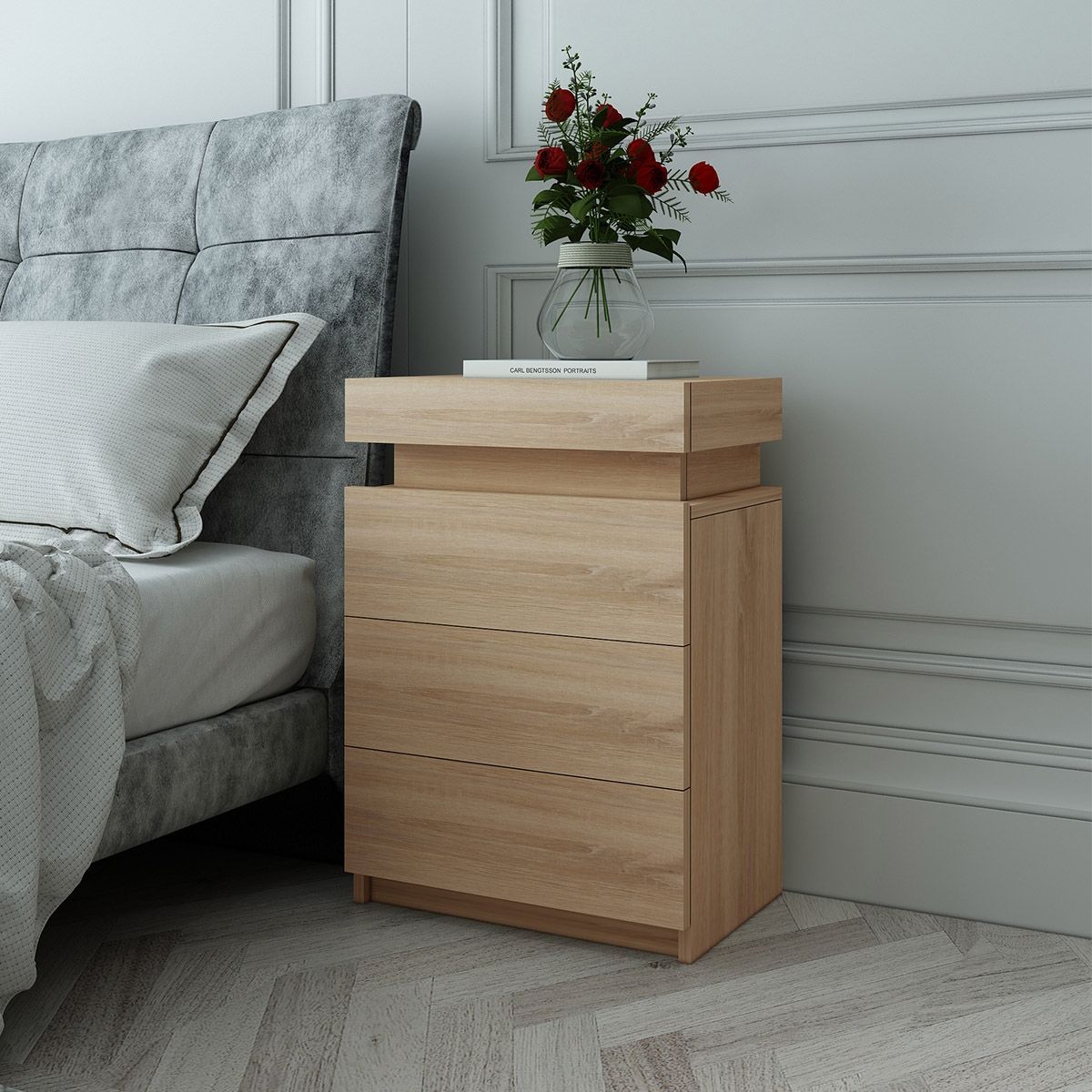 Oak Modern Nightstand Bedside Tables 3 Drawers High Gloss Front 