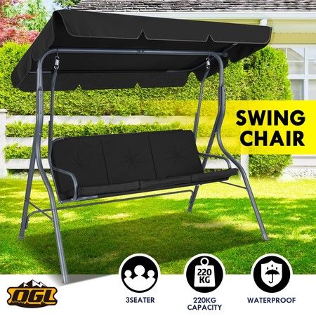 Garden 3 Seater Swing Chair Seat with Cushion and Canopy Black