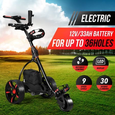 Electric Golf Trolley 3 Wheel Foldable Push Golf Buggy Cart 3 Distance Control LED Display- Black & Red