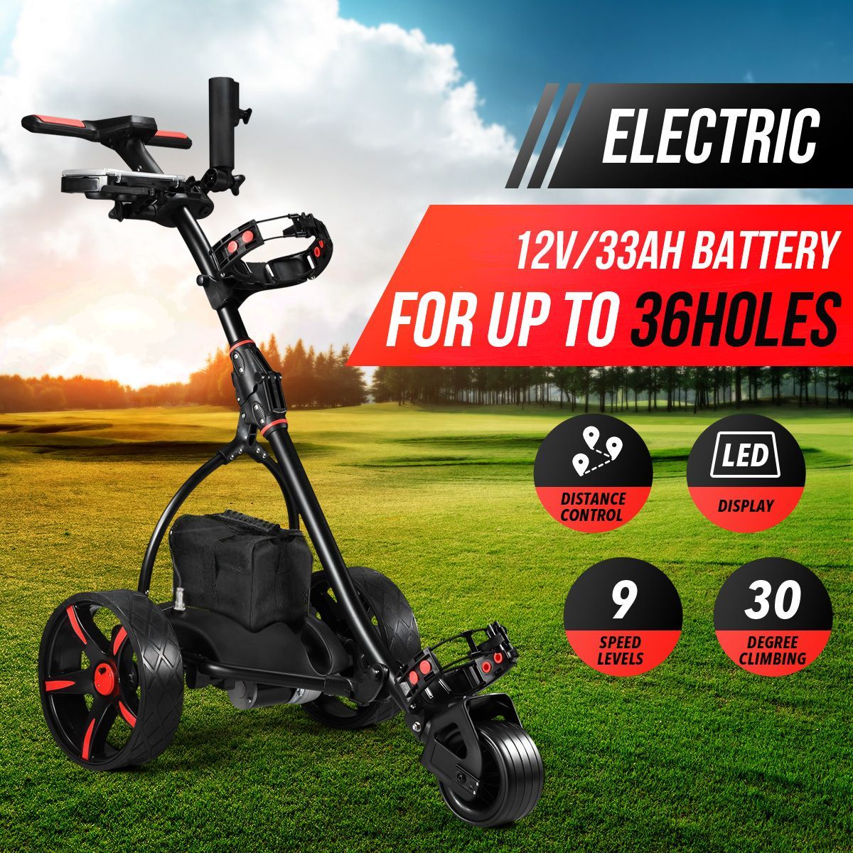 Electric Golf Trolley 3 Wheel Foldable Push Golf Buggy Cart 3 Distance Control LED Display- Black & Red