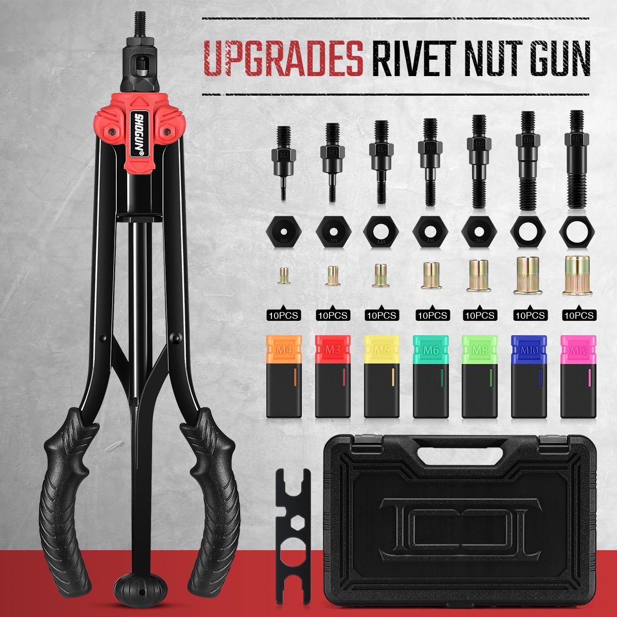 16Inch Rivet Nut Gun M3M12 Mandrel Hand Rivet Tool Kit with 70 Rivet