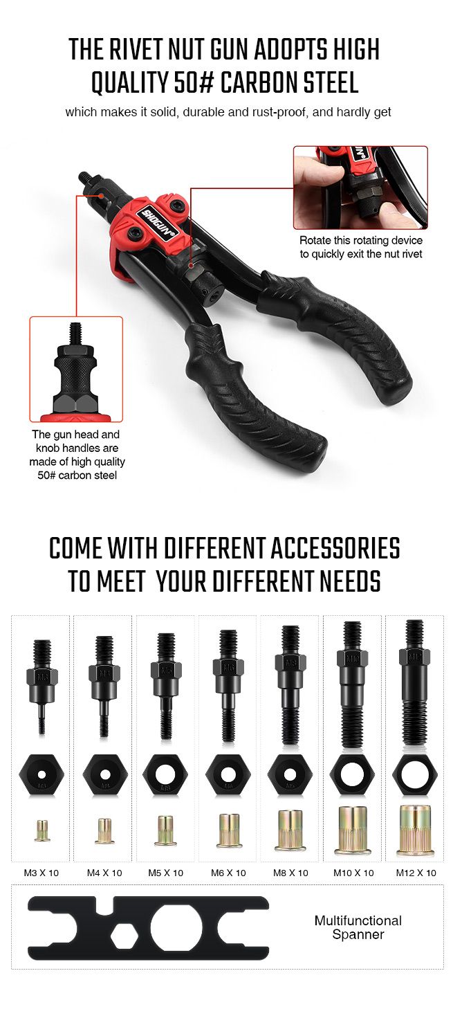 Rivet Nut Gun 11Inch Hand Rivet Nut Tool Set with 7 Mandrels & 70