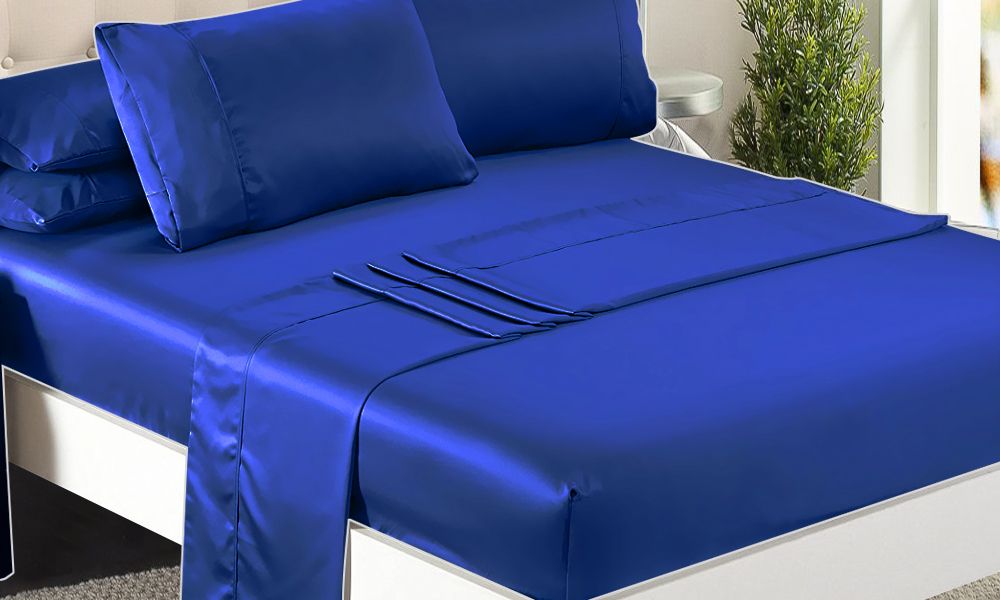 DreamZ Ultra Soft Silky Satin Bed Sheet Set in King Single Size Navy Blue Colour