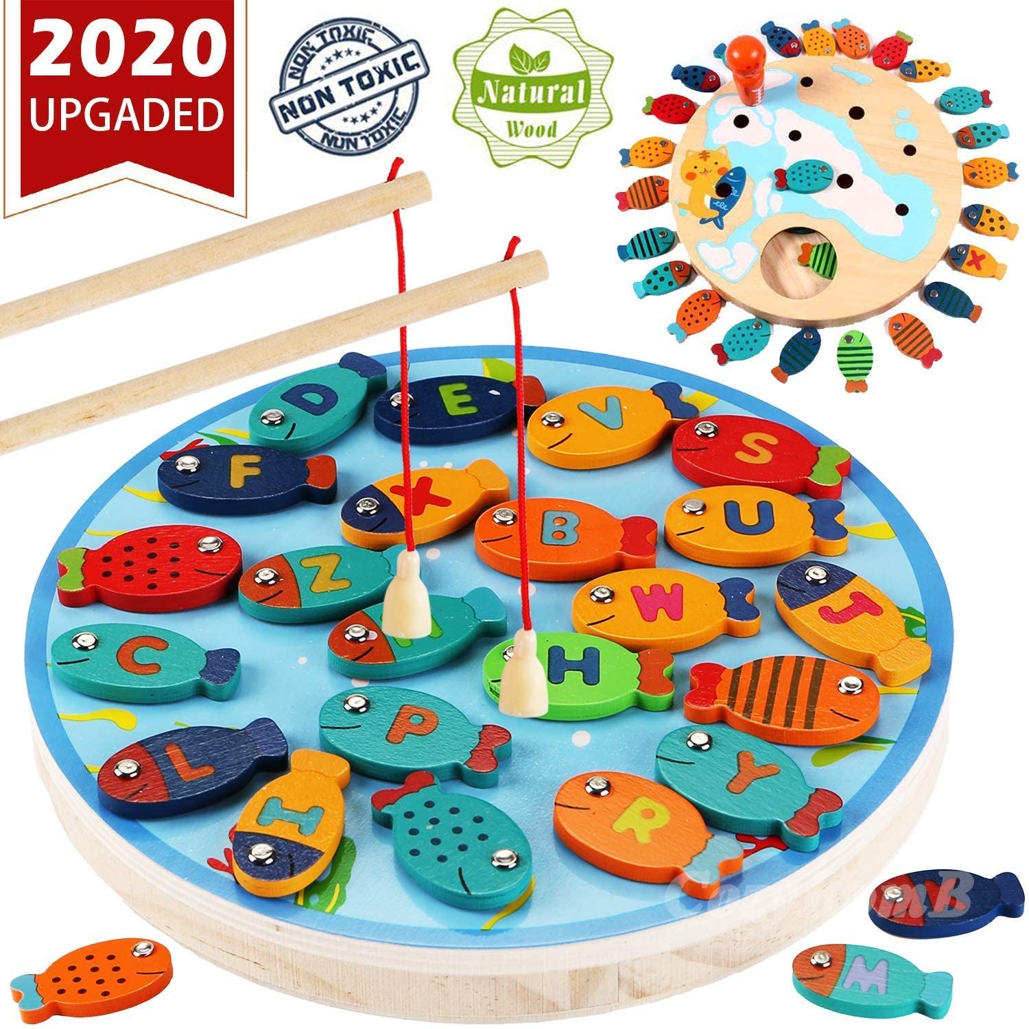 Muxihosn Magnetic Fishing Game Wooden Montessori Preschool Learning Puzzle Toy with 2 Fishing Rods for Toddlers Kids 1 2 3 Years Old 