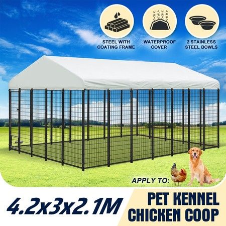 MoNiBloom Outdoor Metal Dog Kennel With UV-Proof Roof – Playpen For Dogs, Cats, Rabbits