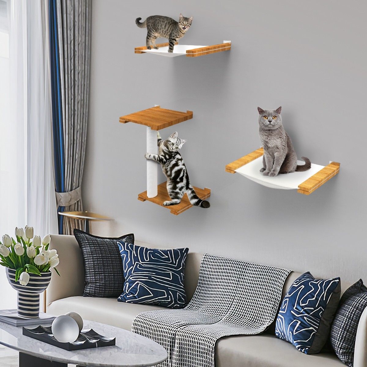 Wood Cat Wall Shelf Set Wall-Mounted Cat Perch Cat Hammock Scratching ...