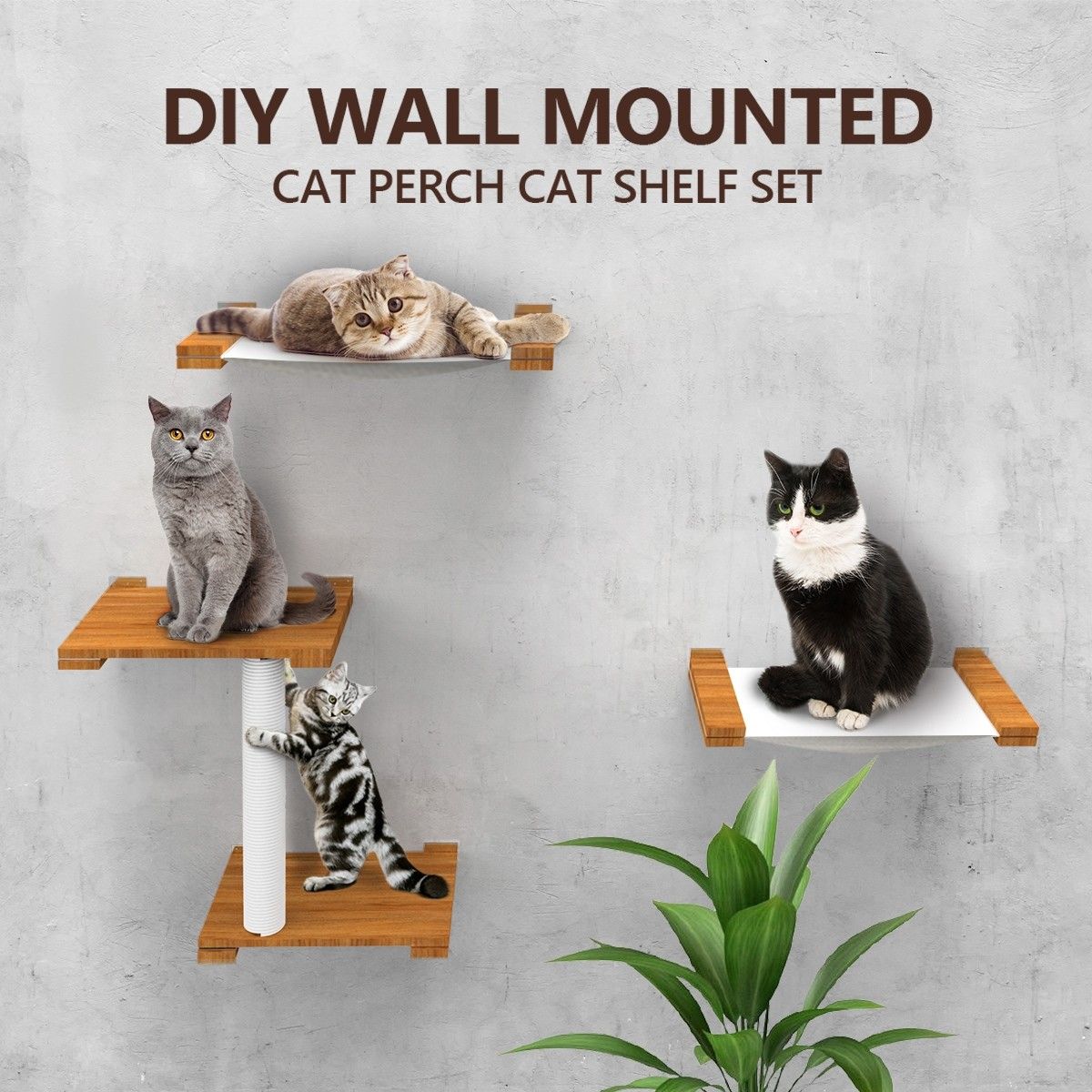 Wood Cat Wall Shelf Set Wall-Mounted Cat Perch Cat Hammock Scratching Post