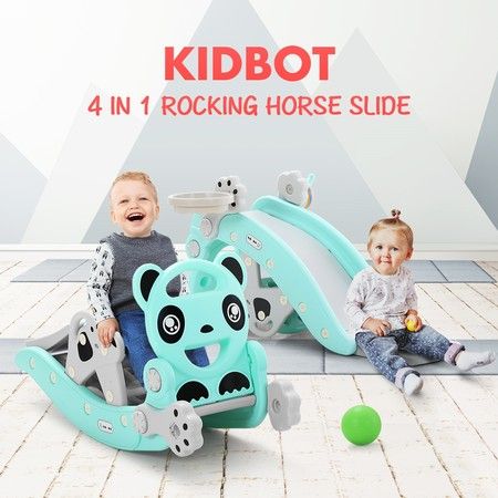 Kidbot 4-in-1 Kids Rocking Horse Toy Children Slide Playset with Basketball Hoop Green