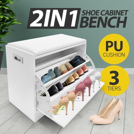 PU Leather Shoe Storage Bench 15 Pairs Wooden Shoe Cabinet