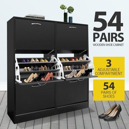 Wood Shoe Cabinet 54 Pairs Shoe Rack Black with 6 Compartments