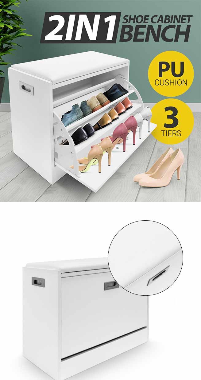 wooden shoe bench with cushion and storage on 15 Pairs Shoe Cabinet Wooden Storage Bench Footwear Stand Pu Cushion Seat White Ebay