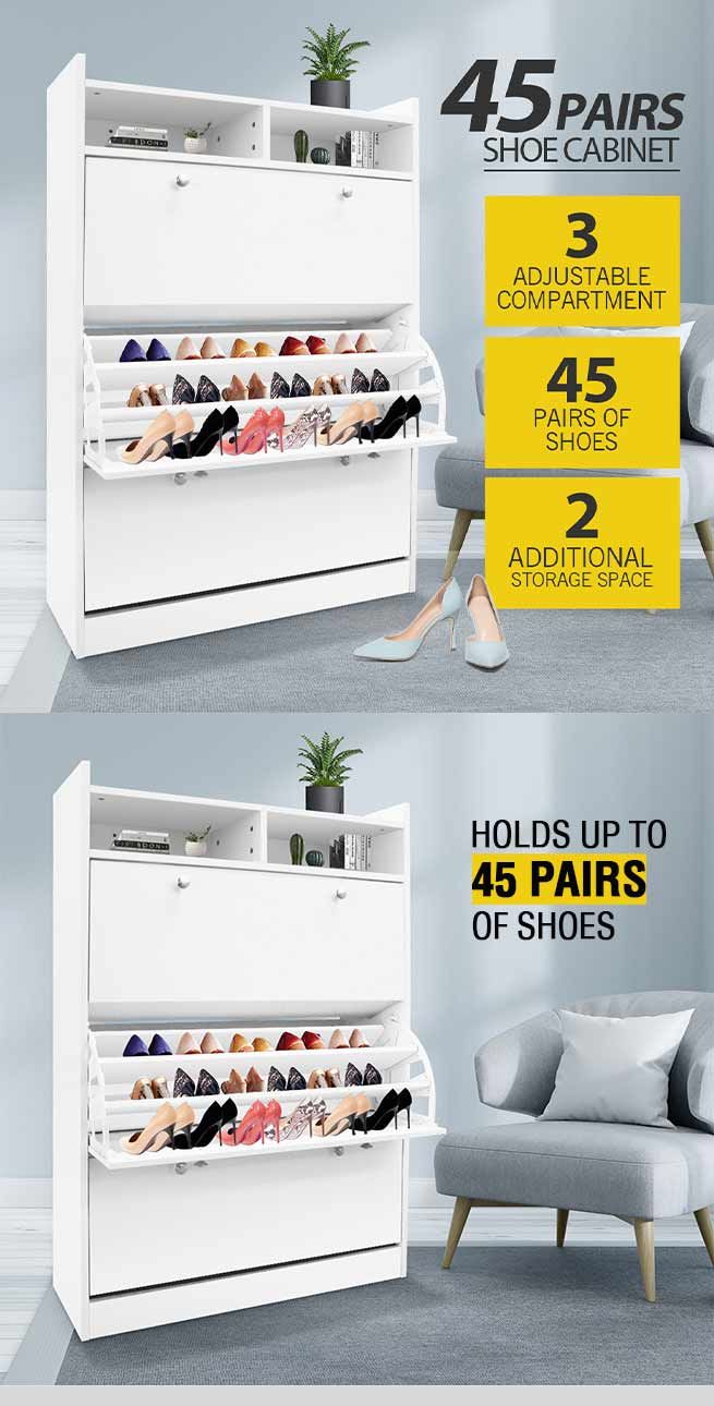 45 Pairs Wood Shoe Cabinet Rack Storage Shelves in White Finish