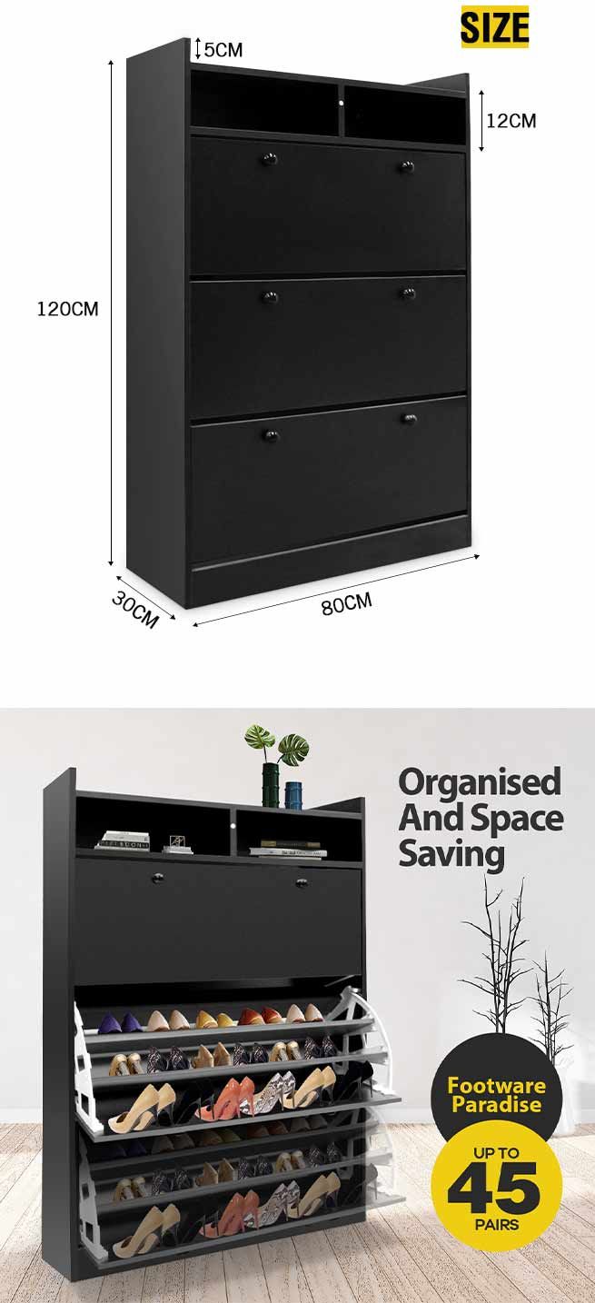 45 Pairs Wood Shoe Cabinet Rack Storage Shelves in Black Finish