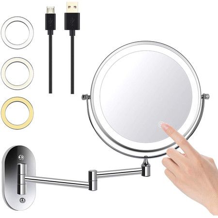 8 inch LED Wall Mounted Makeup Mirror 3 Color Mode USB Charge Touch Screen Adjustable Light  Bathroom Hotels (Sliver)