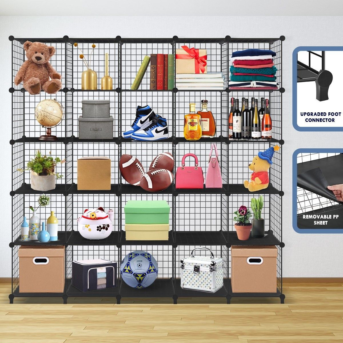 Metal Wire 25-Cube Storage Grid Organizer DIY Modular Cabinet for Toys Books Clothes Black