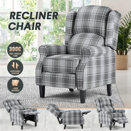 Grey Recliner Armchair,Adjustable Fireside Reclining Chair Wing Back Relax Sofa Seat Wing Chair Fabric Plaid Armchair Occasional Armchair Breathable Linen Fabric for Lounge Living Room Bedroom Office 