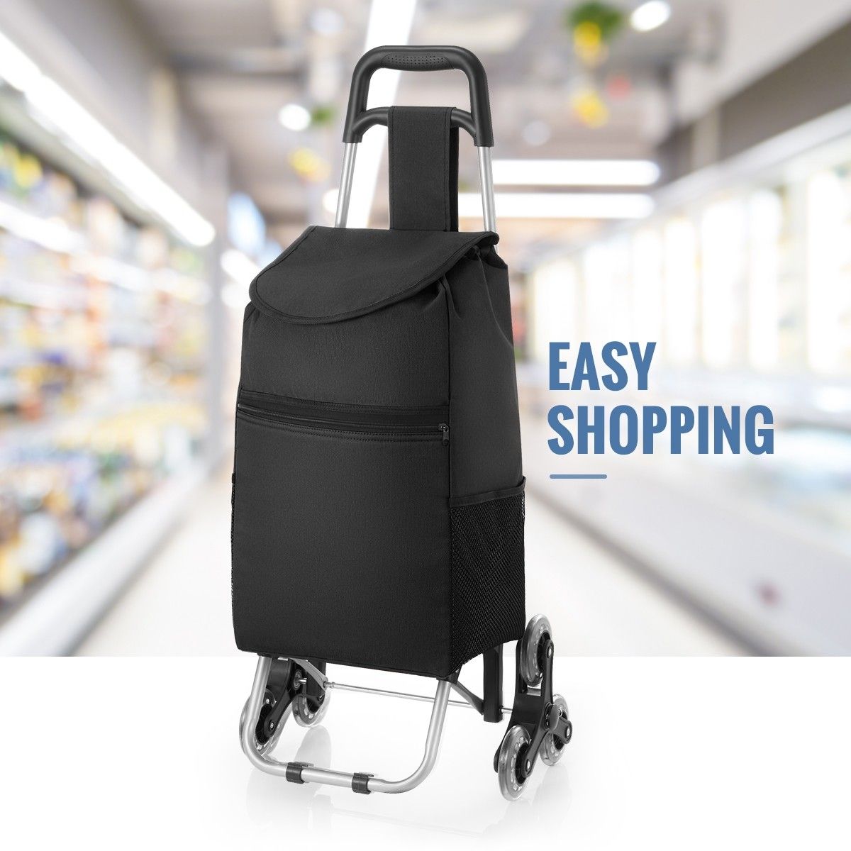 Foldable Aluminium Shopping Cart Trolley Dolly Bag w/ Tri Wheels Black