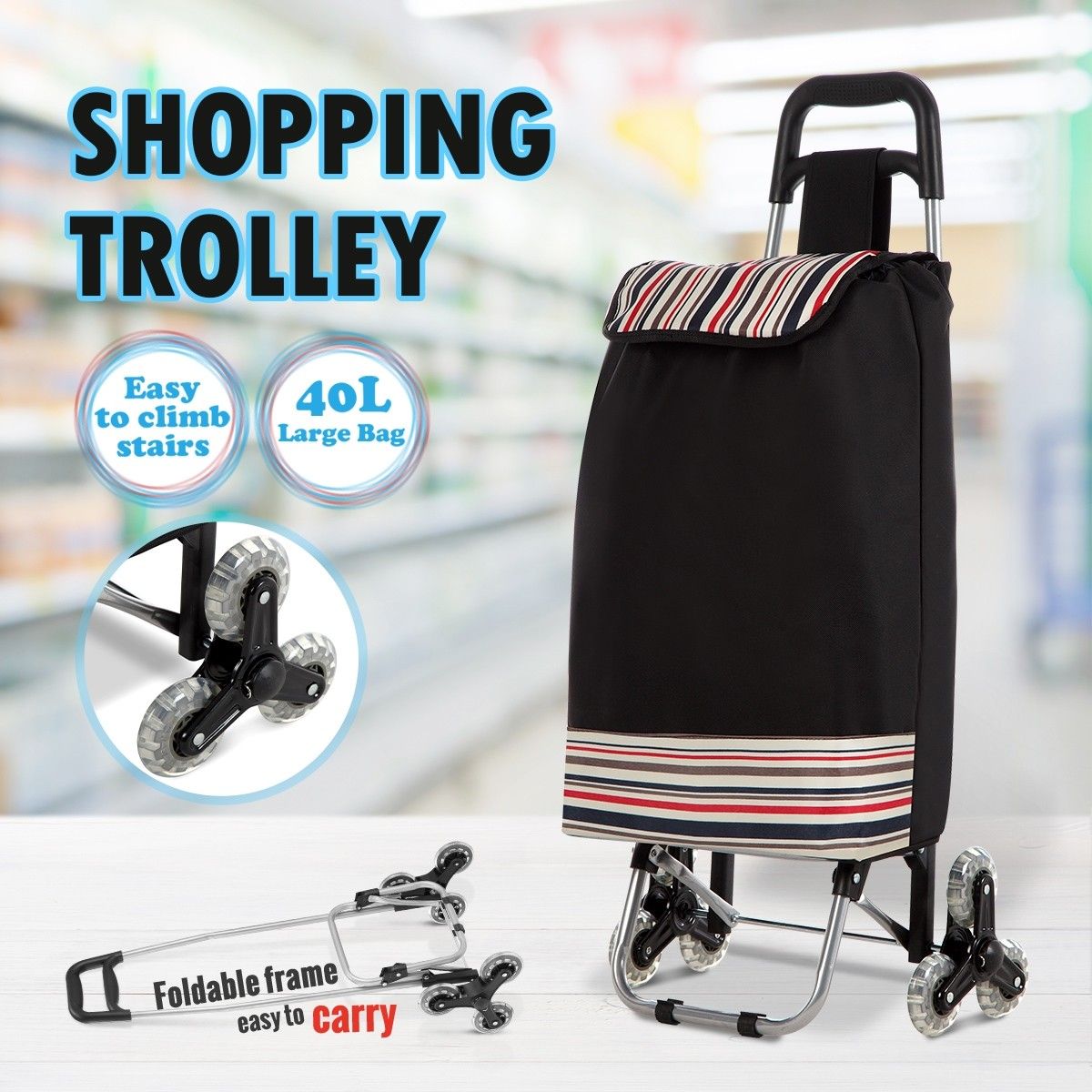 Multi Terrain Aluminium Shopping Trolley Foldable Cart Waterproof Nylon Bag Tri-Wheel Black