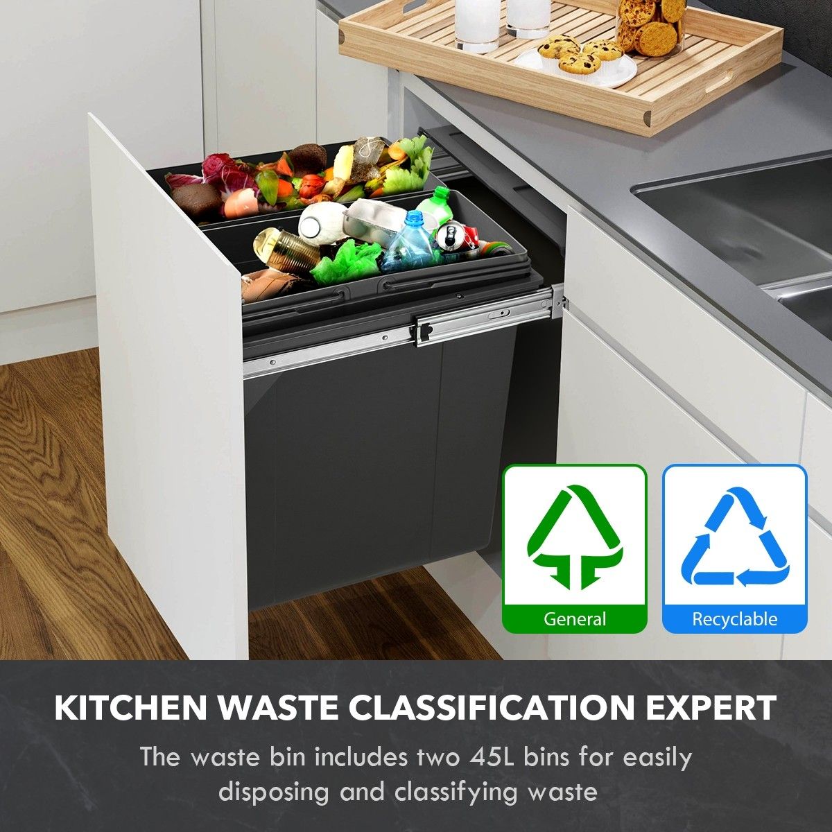 90L Pull Out Kitchen Bin Under Sink Dual Bins Cupboard Waste Recycling Bin Crazy Sales