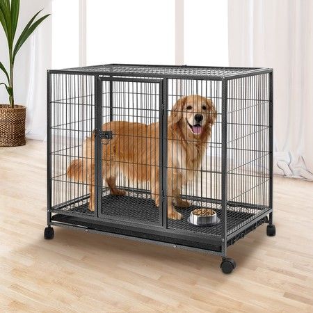Heavy Duty Dog Crate Cage Kennel Playpen Large Strong Metal for Large Dogs Cats with Two Prevent Escape Lock and Four Lockable Wheels Easy to Assemble 