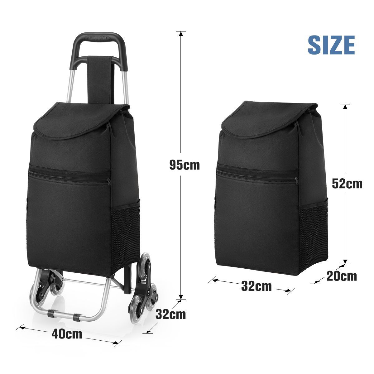 Foldable Aluminium Shopping Cart Trolley Dolly Bag w/ Tri Wheels Black