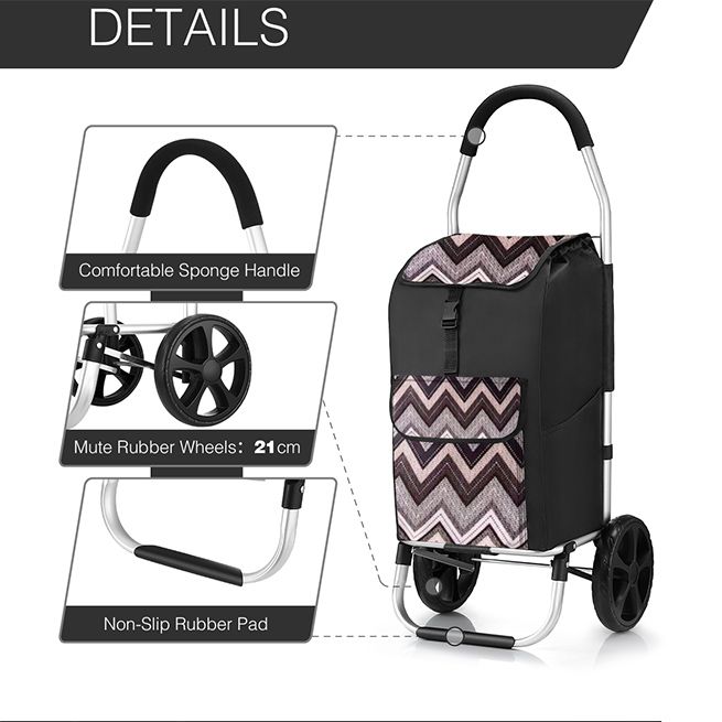 Foldable Aluminium Shopping Trolley with Bags Dolly Grocery Cart on Wheels Black