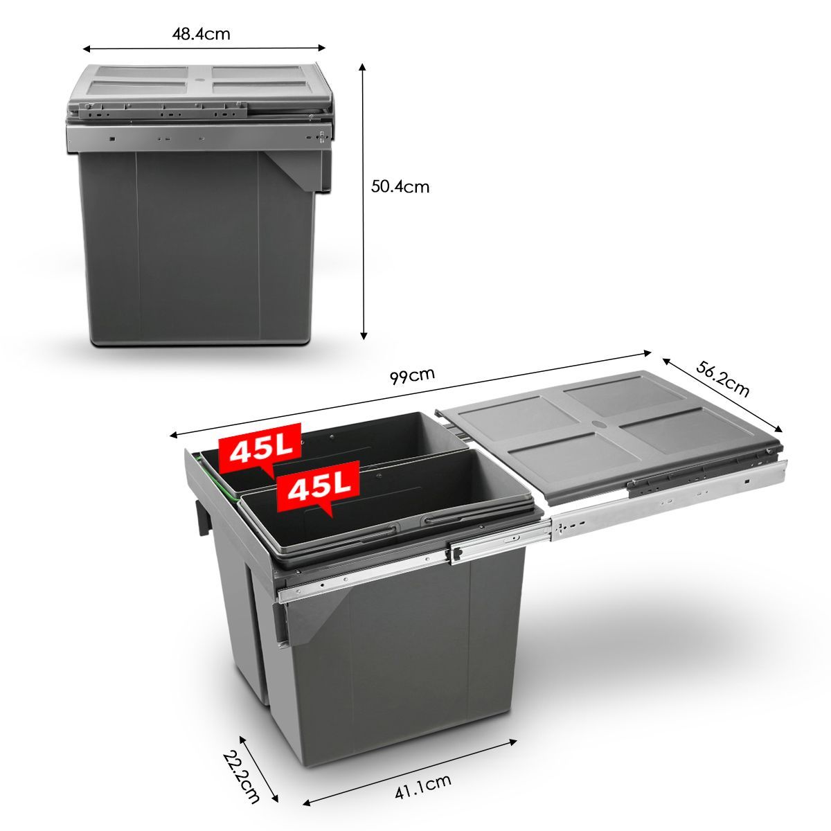 90L Pull Out Kitchen Bin Under Sink Dual Bins Cupboard Waste Recycling