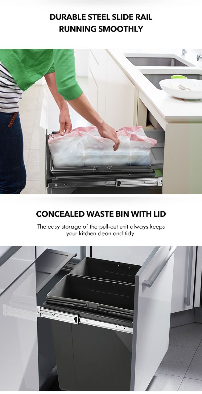 90L Pull Out Kitchen Bin Under Sink Dual Bins Cupboard Waste Recycling