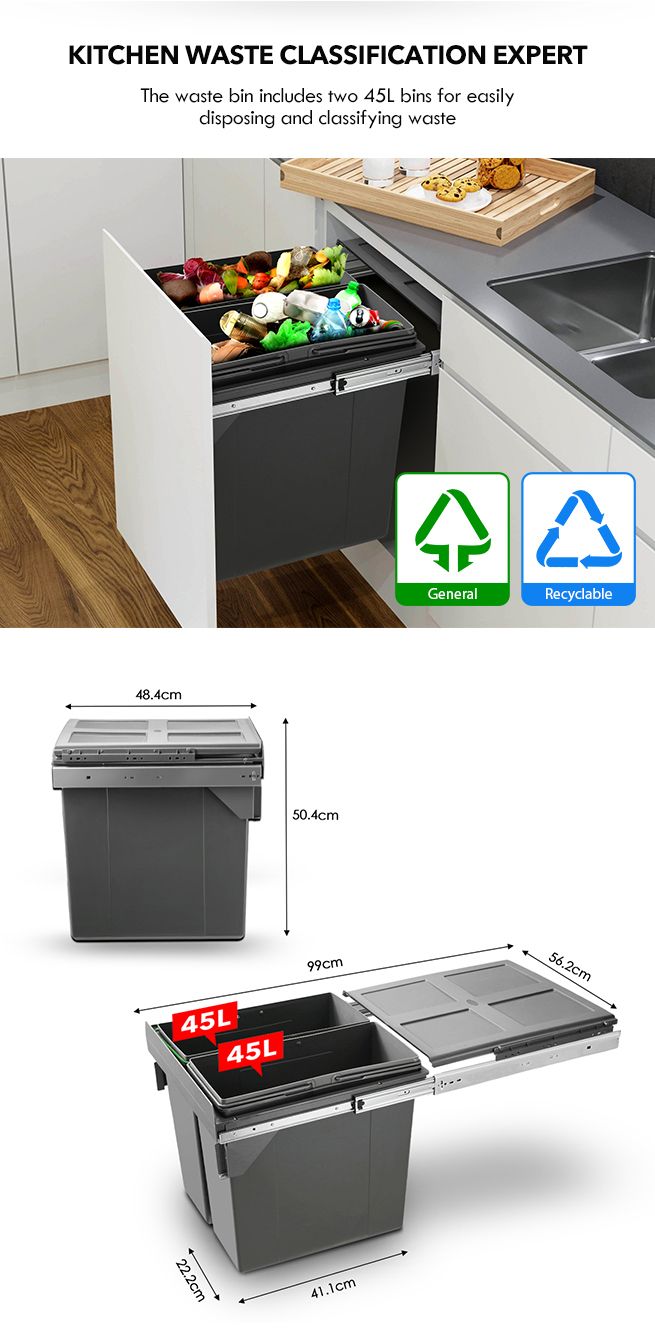90L Pull Out Kitchen Bin Under Sink Dual Bins Cupboard Waste Recycling