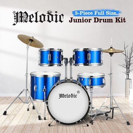 Melodic Classic 5 Piece Drum Set Kit for Children Kids with Stool Cymbals Drumsticks Blue