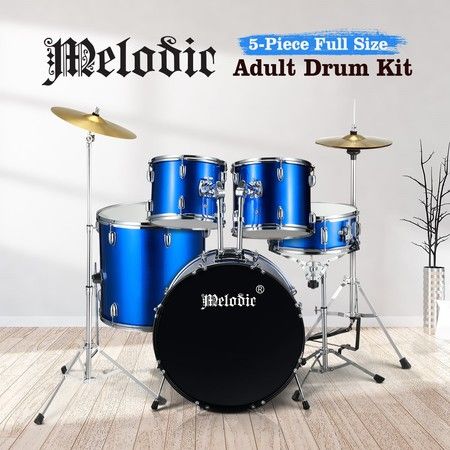 Melodic Complete 5 Piece Drum Set with Cymbals Kick Pedal Stool Blue