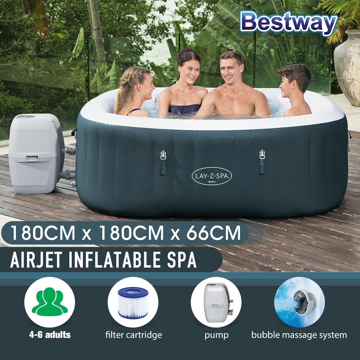 Bestway IbizaAirJet Hot Spa Inflatable Pool 4-6 Person 1.80m x 66cm