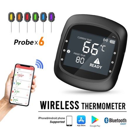 Wireless Smart BBQ Meat Cooking Thermometer Bluetooth with 6 Probes and Large LCD Backlight