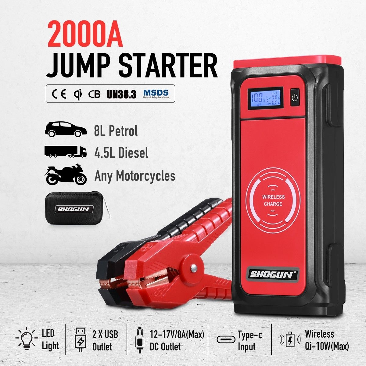 Portable Car Jump Starter 12V Wireless Battery Charger Power Bank 2000A