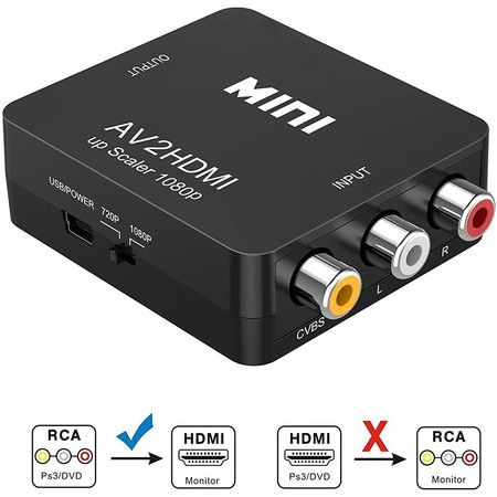 RCA to HDMI, 1080P Mini RCA Composite CVBS AV to HDMI Video Audio Converter Adapter(Black)