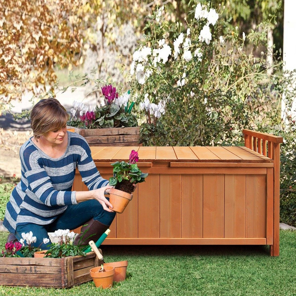 Waterproof Outdoor Storage Box Wooden Garden Deck Storage Bench