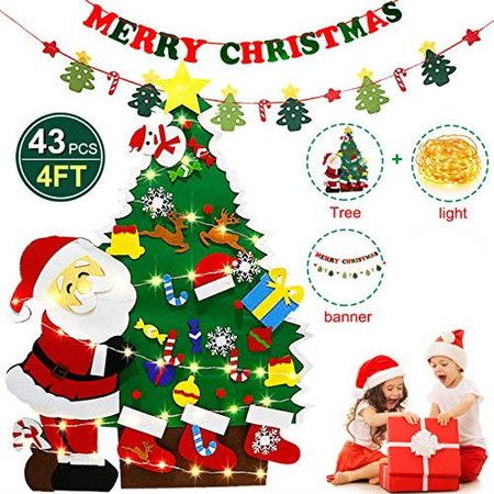 DIY Wall Hanging Decoration Christmas Tree with Detachable Ornaments, LED String Lights, Banner, KIDS gifts