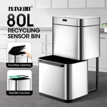 80L Dual Rubbish Bin Sensor Recycling Kitchen Waste Trash Garbage Can Stainless Steel Silver