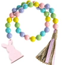 Spring Wood Bead Garland with Tassels and Bunny Tag, Colorful Rustic Wood Beads for Tiered Tray Decorations