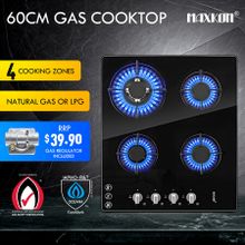 Maxkon Gas Cooktop Cooker 4 Burners Stove Tops 60cm Cook Hobs Stovetop NG LPG Glass Surface Knobs Black