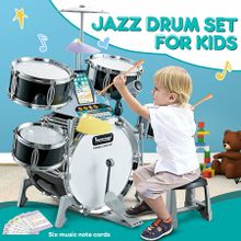 Kids Jazz Drum Set Junior Musical Educational Instrument Toy Kit Childrens Learning Preschool Playset with Stool Plastic