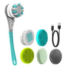 6 in 1 Rechargeable Electric Body Brush Shower Massage Exfoliating Scrubber Soft Silicone USB Wash Deep Cleaning Multifunctional Back Brush (Blue)