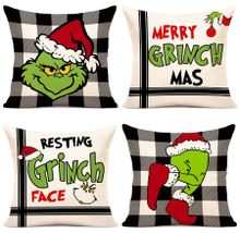 Throw Pillow Covers Christmas Grinch Decor Set 45x45cm 4 Pcs Xmas Farmhouse Cushion Cases Porch Home Festive Cosy Seasonal