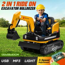 2 in 1 Kids Excavator Bulldozer Toy Ride On Car Remote Control Pedal Digger Tractor Vehicle 360 Degree Rotating 12V 12AH Battery