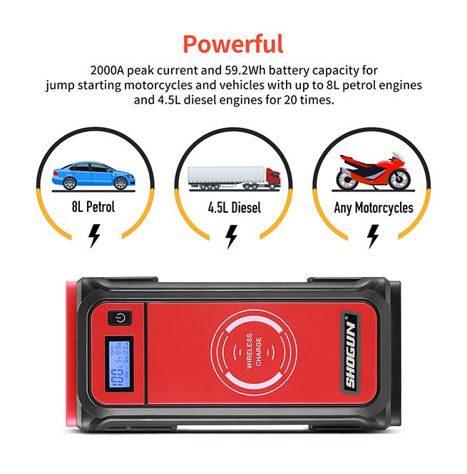 Portable Car Jump Starter 12V Wireless Battery Charger Power Bank 2000A
