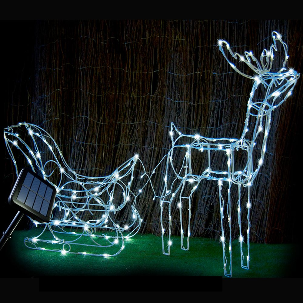 Stockholm Christmas Lights 160 LEDs Solar Sleigh Reindeer Fairy Outdoor Garden Xmas 145CM