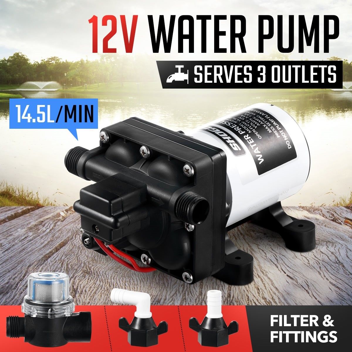 DC 12V 14.5L/min self-priming Water Pressure Diaphragm Pump Caravan Trailer Boat.